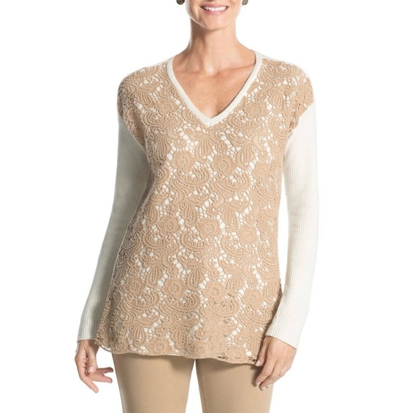 CHICO'S "Christina" Crochet Lace Front Pullover Cream/Tan Cottage Sweater SZ XL - Picture 1 of 16